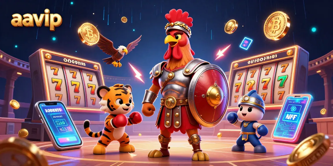 Engage with thrilling casino action at aavip featuring a vibrant scene with characters, slots, and crypto elements.