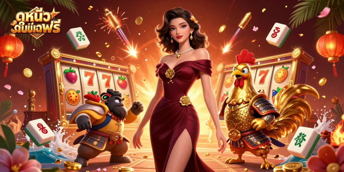 Experience ดูหนังออนไลน์ฟรี with glamour and fortune in this vibrant casino scene featuring colorful slot reels and a heroic warrior.