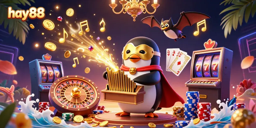 Experience the excitement of hay88 with a 3D penguin playing a magical organ amidst cascading coins and lively casino elements.