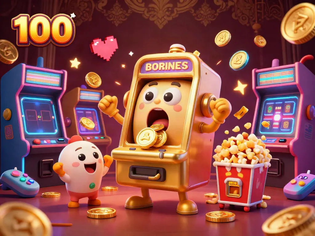 Experience the thrill of slot bonus 100 with a golden slot machine hitting a jackpot surrounded by cheering baby slots and popcorn.