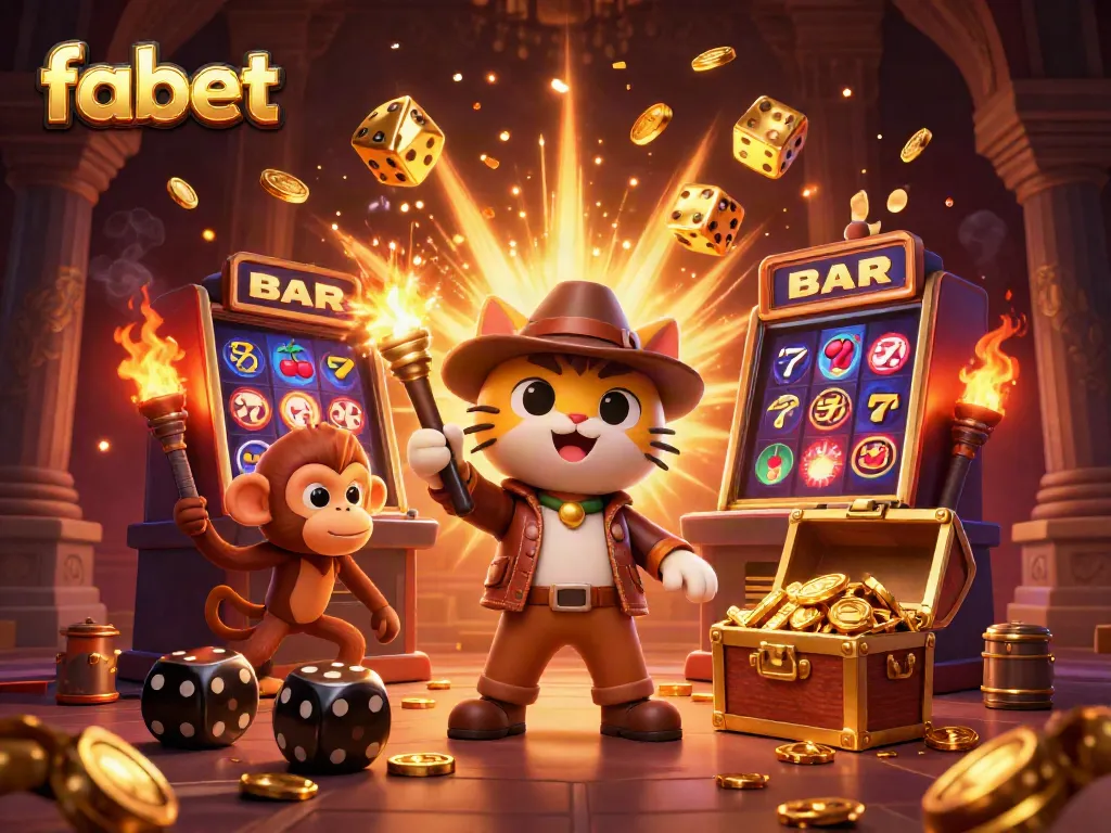Unleash the excitement at fabet with a cartoon cat archaeologist discovering treasures in a golden casino.