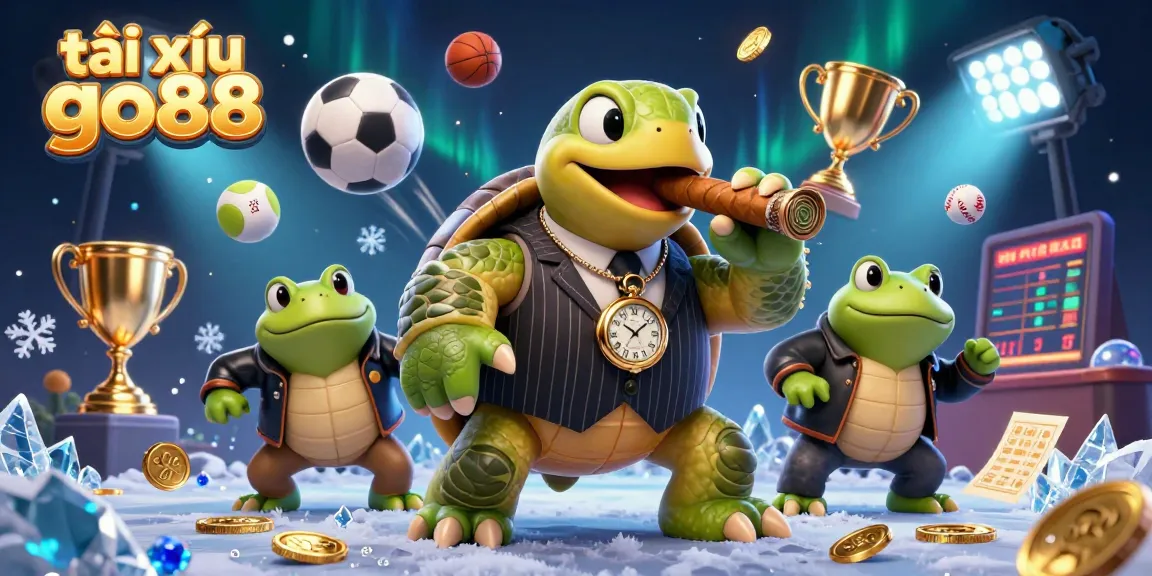 Tài xỉu go88 showcases a dynamic casino scene with a snapping turtle mobster and bullfrog enforcers, conveying vibrant gambling energy.