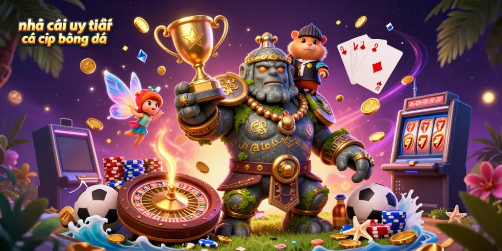 Engaging scene with nhà cái uy tín cá cược bóng đá showcasing epic characters in a vibrant gambling-themed illustration.