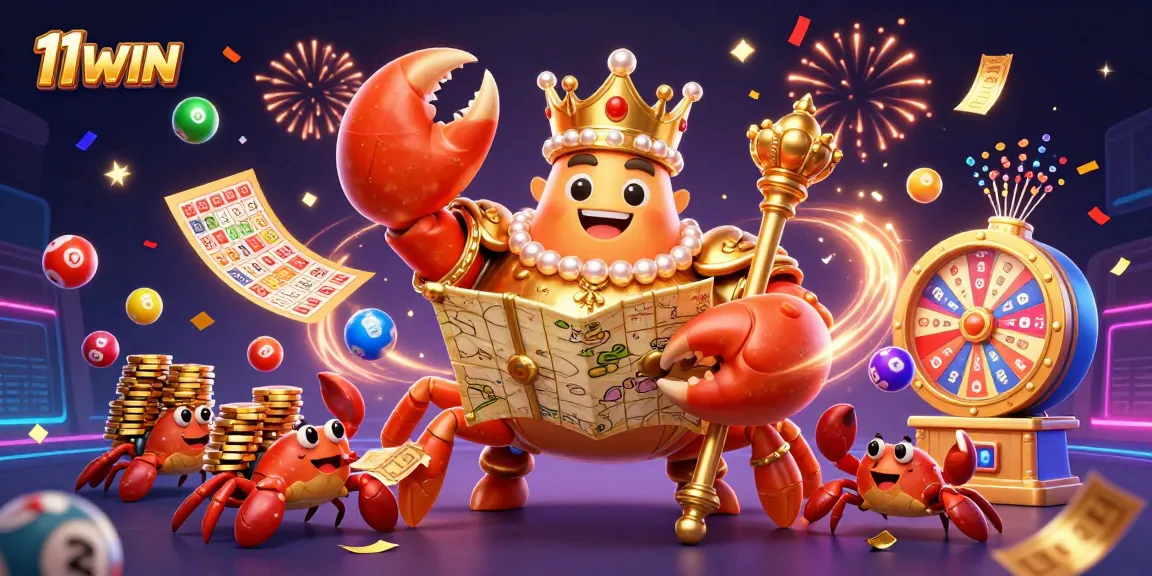 Experience excitement with 11WIN's golden crab emperor surrounded by colorful lottery elements in a vibrant casino scene.