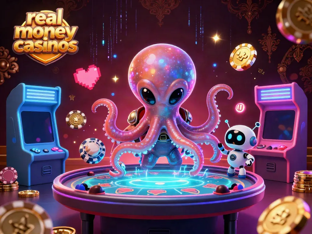 Play thrilling games at real money casinos with a dazzling alien octopus and vibrant arcade elements.