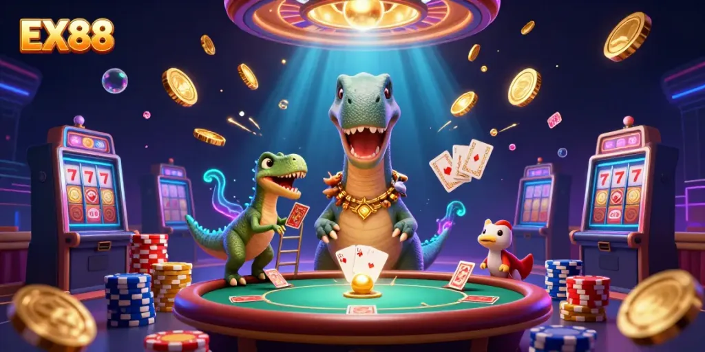 Experience the thrill of EX88 with a cartoon dinosaur dealing cards and golden coins swirling around in a vibrant casino setting.