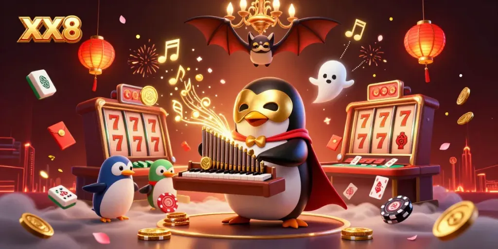 Play at XX 8 casino with a vibrant scene featuring a penguin playing an organ and floating slot reels.