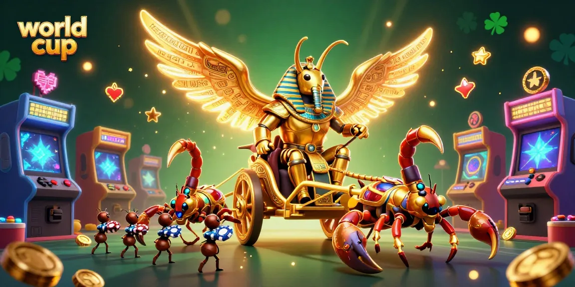 Experience thrilling World Cup gaming action with a golden beetle chariot in a vibrant casino setting.