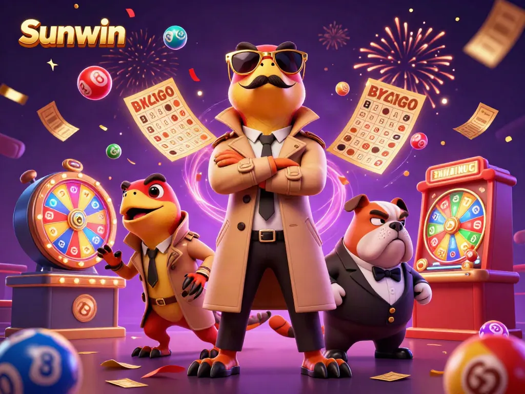 Sunwin raptors in trench coat entering VIP casino lounge amid colorful lottery elements