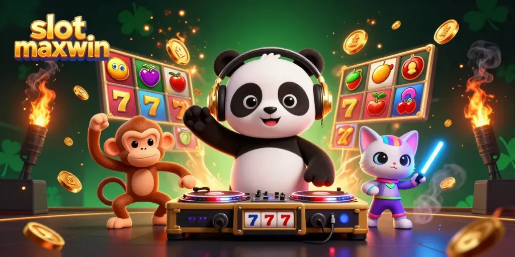Experience the excitement of slot maxwin with a dynamic 3D illustration featuring a DJ panda, breakdancing monkey, and rave kitten.