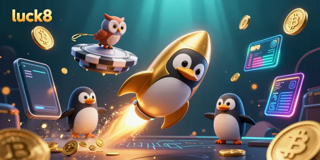 Experience luck8 in an exciting 3D scene featuring a golden penguin, casino chip, and crypto elements.