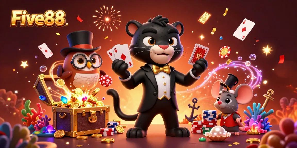 Five88 showcases an exciting scene with gaming characters in a vibrant casino setting, enhancing user engagement.
