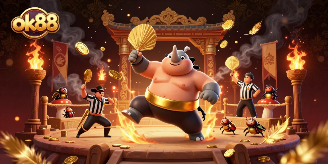 ok88 delivers thrilling action as a sumo beetle stomps, coins flying in a vibrant arena.
