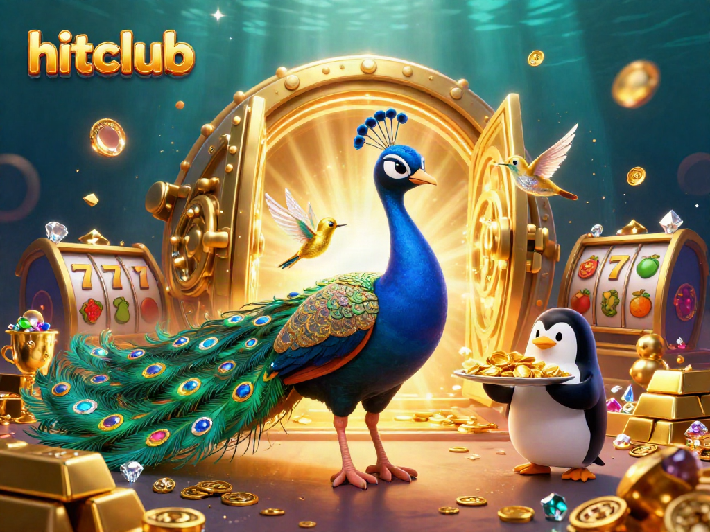 Hitclub players enjoy slots with vibrant characters and treasures in a colorful casino scene.