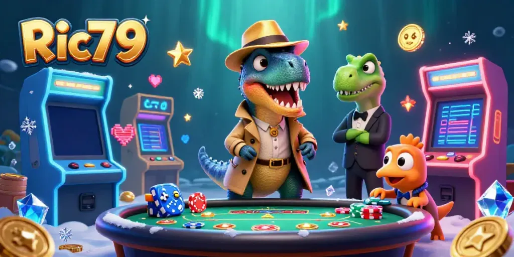 Experience the excitement of Ric79 in this colorful 3D casino scene with animated characters and vibrant gaming elements.