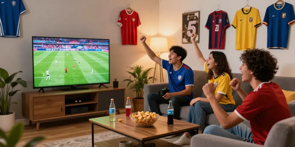 Socolive streaming scene with friends watching a live soccer match, enhancing the excitement.