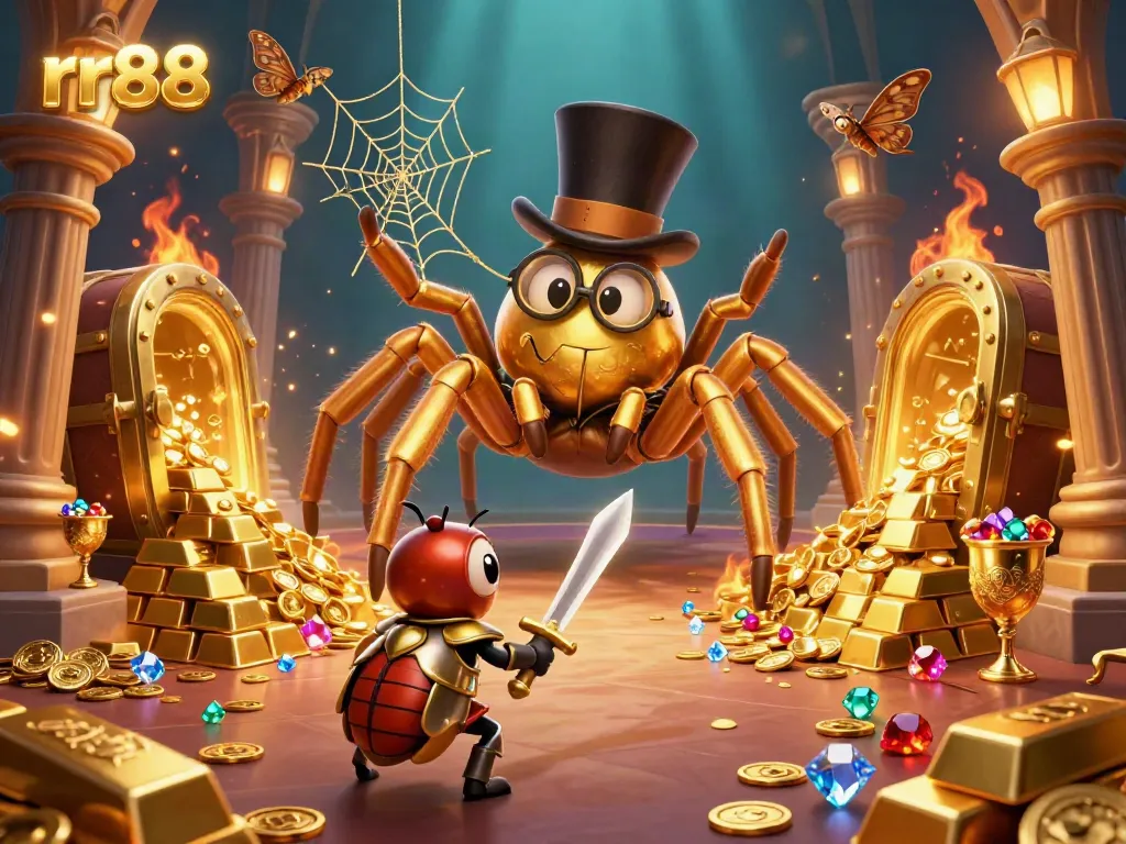 Spin the reels in rr88's vibrant casino scene with fantastical creatures and treasure.