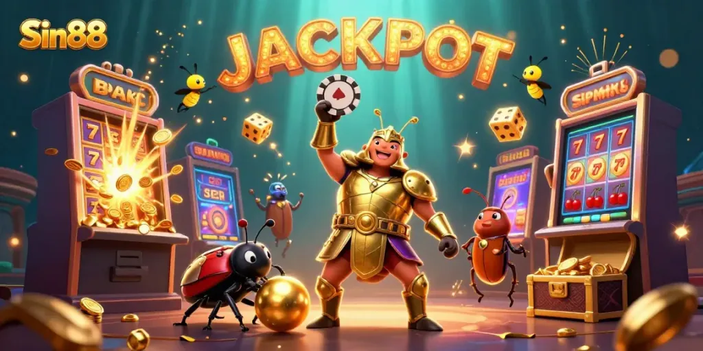 Join Sin88's exhilarating world with characters celebrating a casino jackpot amid vibrant game elements