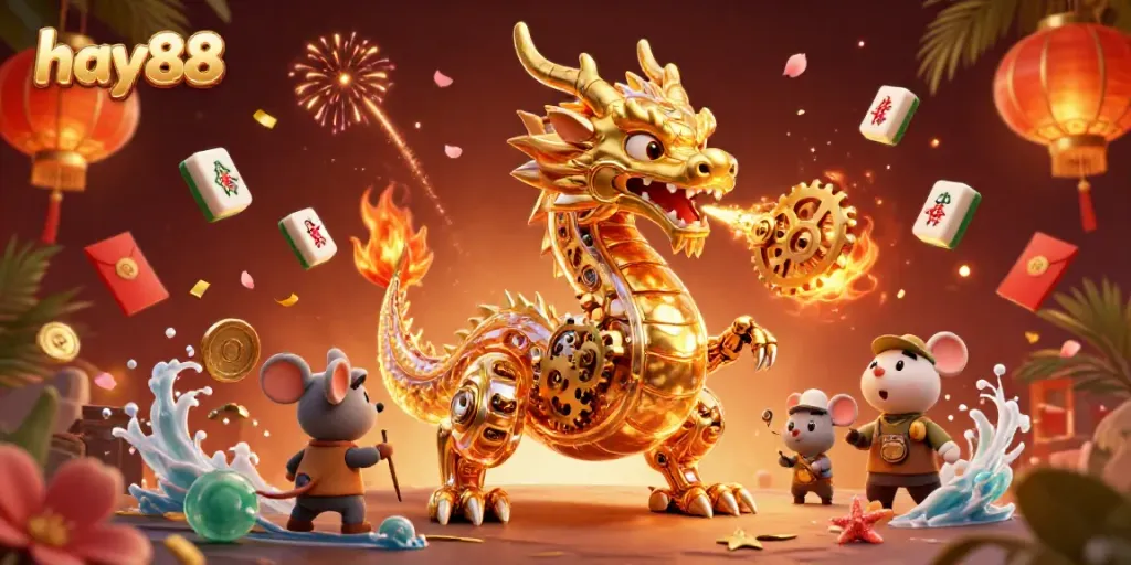 Experience the vibrant world of online gaming with hay88, featuring golden dragon and festive gambling elements.