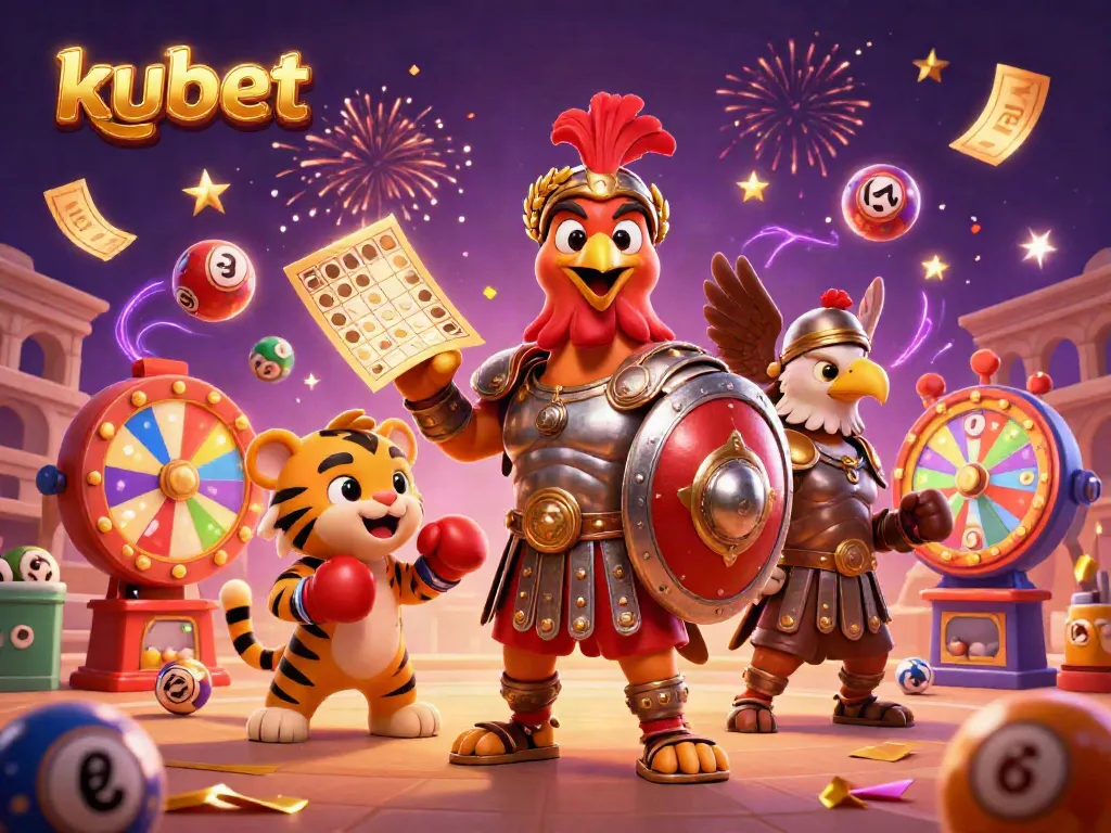 Kubet showcases vibrant gaming action with a cartoon gladiator rooster in a vibrant casino arena.