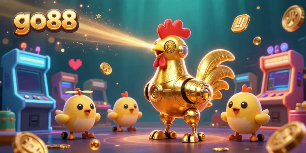 Engage with go88's vibrant 3D casino experience featuring a golden rooster robot and baby chick drones.