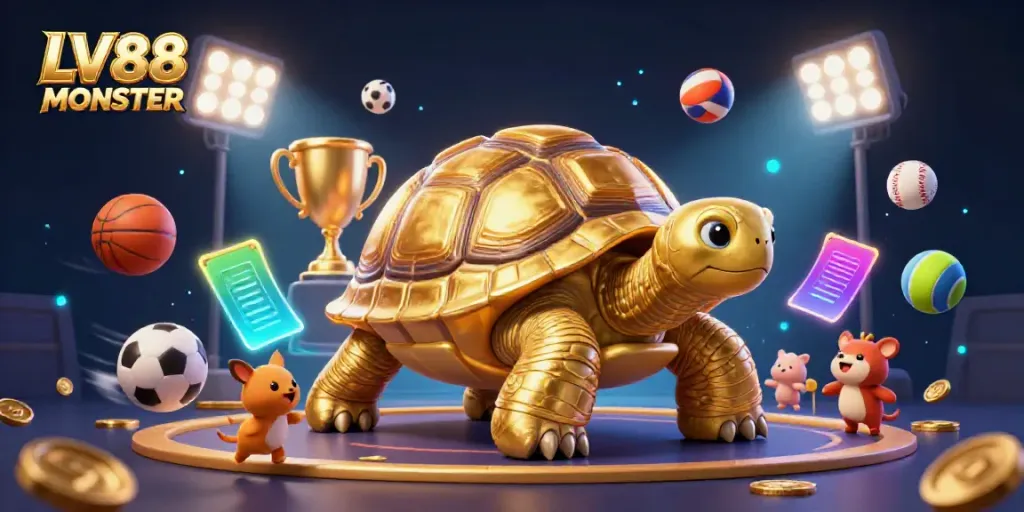 Experience the excitement at LV88 MONSTER with a vibrant illustration of playful animals and a golden tortoise pinball machine.