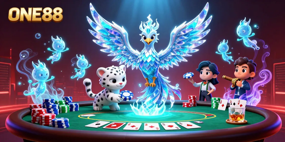 Engage in thrilling gaming at ONE88 with an ice phoenix and poker chip adventure.