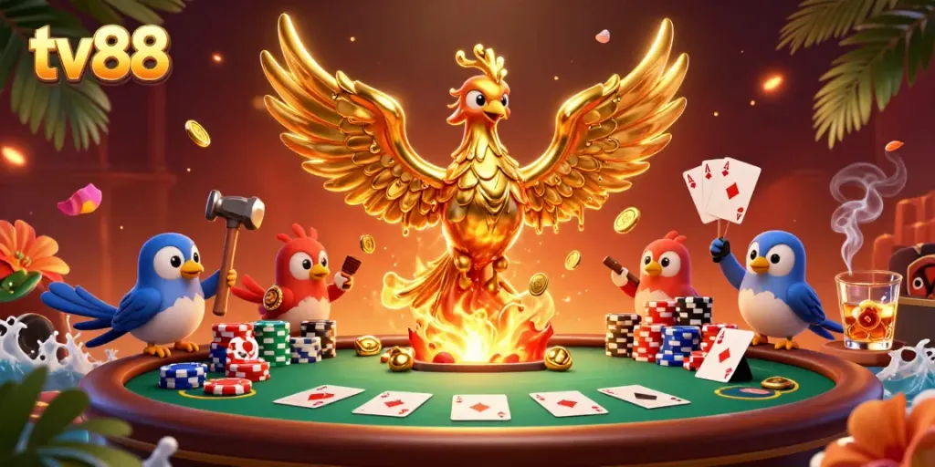 Experience thrilling poker action with TV88's dynamic golden phoenix illustration.