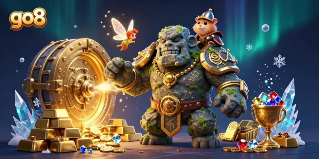 Winning with go8: A magical scene featuring a heroic golem, a fairy, and a hamster knight amidst shining treasures and casino elements.