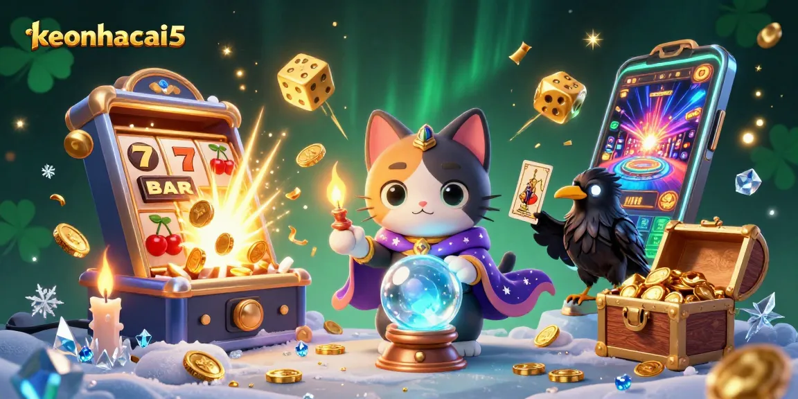 Experience excitement with keonhacai5 as a mystic cat forecasts wins amidst slot machines and coins.