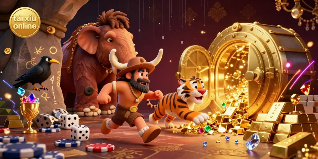 Experience the excitement of tài xỉu online in a prehistoric casino, featuring lively characters and sparkling treasures.