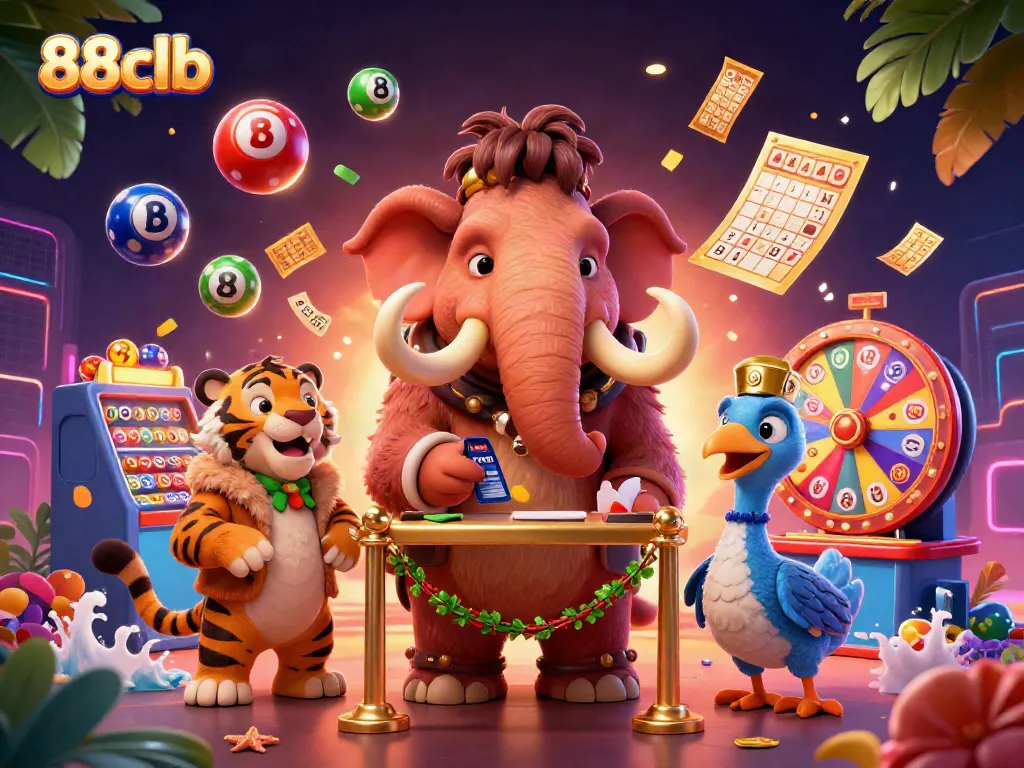 Engage with 88clb's vibrant casino scene showcasing a woolly mammoth bouncer and a saber-tooth tiger guest.