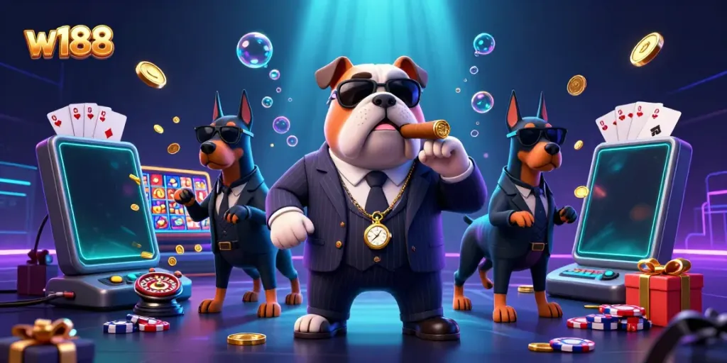 Experience thrilling gameplay with w188 as a cartoon bulldog mafia boss and bodyguard Dobermans illustrate a vibrant casino scene.