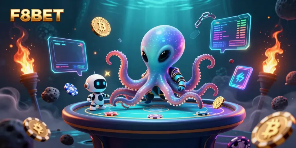 Win big at F8BET with alien octopus and crypto-themed poker excitement in a vibrant sci-fi setting.