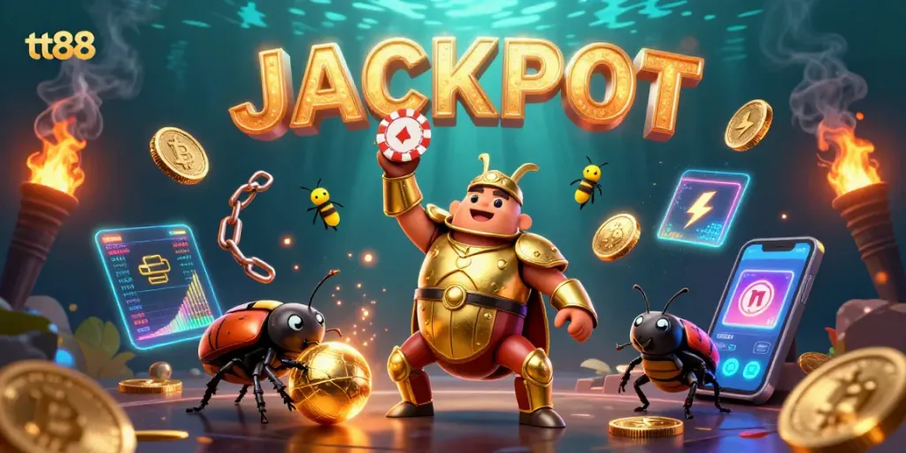 Engage with tt88's thrilling crypto casino adventure featuring cartoon beetles, poker chips, and vibrant Bitcoin coins.