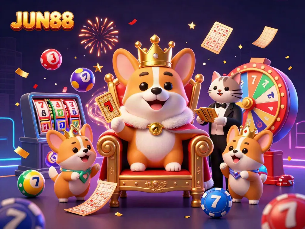 Experience thrilling moments at JUN88 with a 3D royal corgi and casino elements in a dynamic scene.