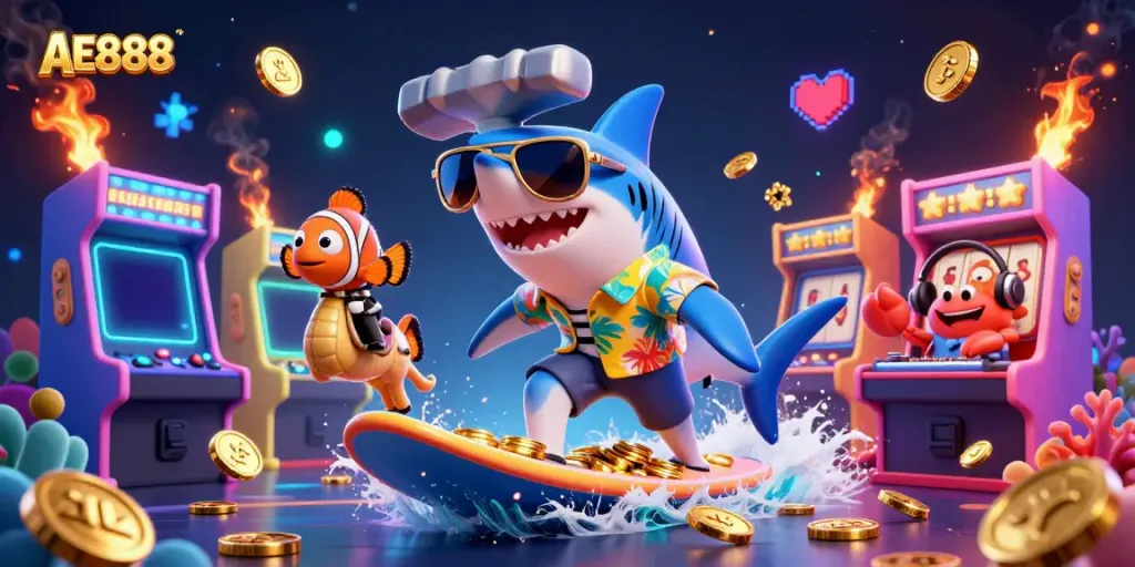 Experience the excitement of AE888 as a hammer-head shark surfs on gold coins amidst colorful casino elements.