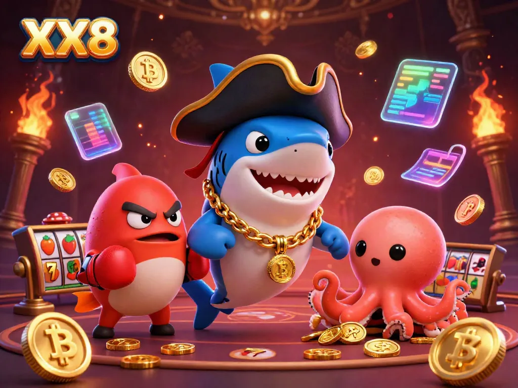 Play thrilling games at XX8 casino with a pirate shark, pufferfish, and octopus amid gold coins.