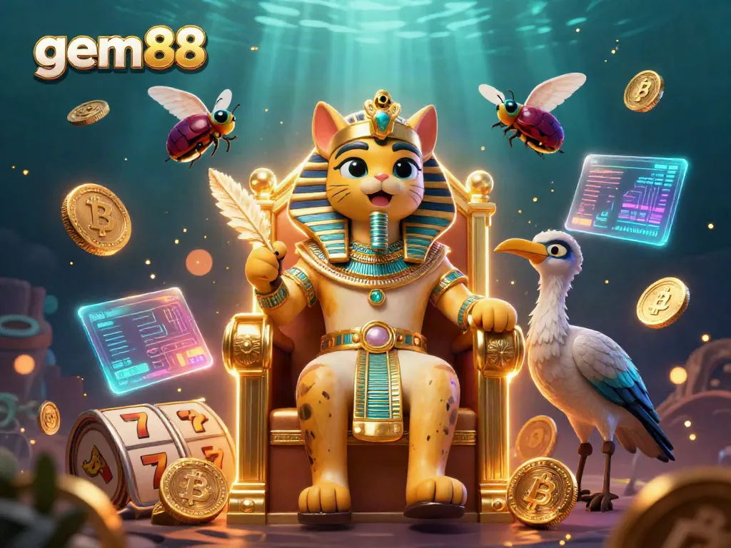 Experience gem88's vibrant casino world with animated characters and glowing crypto coins.