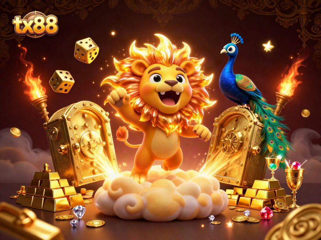 tx88 brings excitement with a roaring lion and dynamic casino elements in a vibrant 3D illustration.