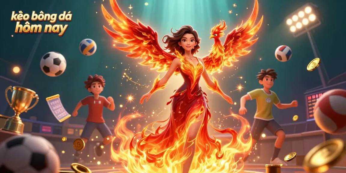 Engage in thrilling action with kèo bóng đá hôm nay amidst dynamic sports elements, shining trophies, and vibrant energy.