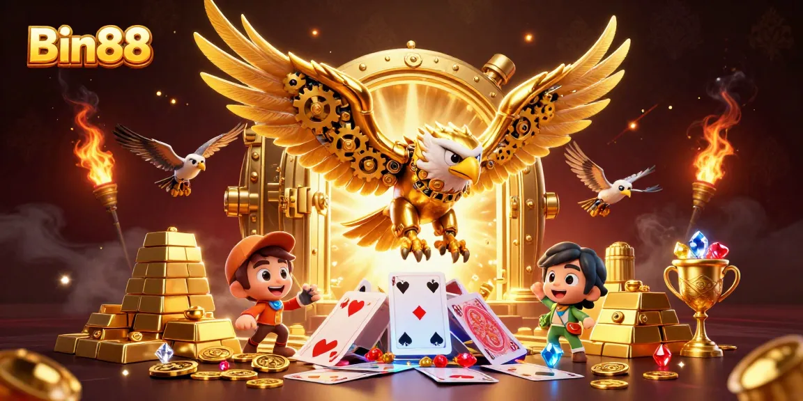 Engage with Bin88's thrilling casino experience featuring a cybernetic golden eagle amidst holographic playing cards.