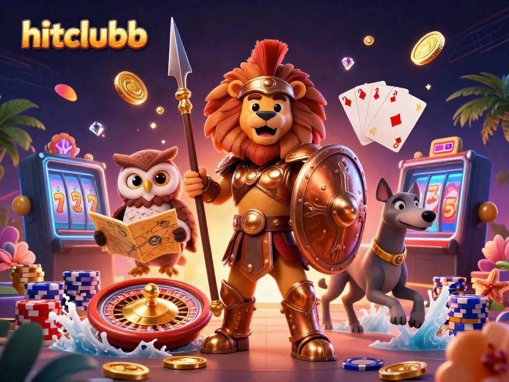 Experience thrilling gaming action at hitclubb featuring a heroic lion, owl strategist, and greyhound surrounded by glittering casino elements.