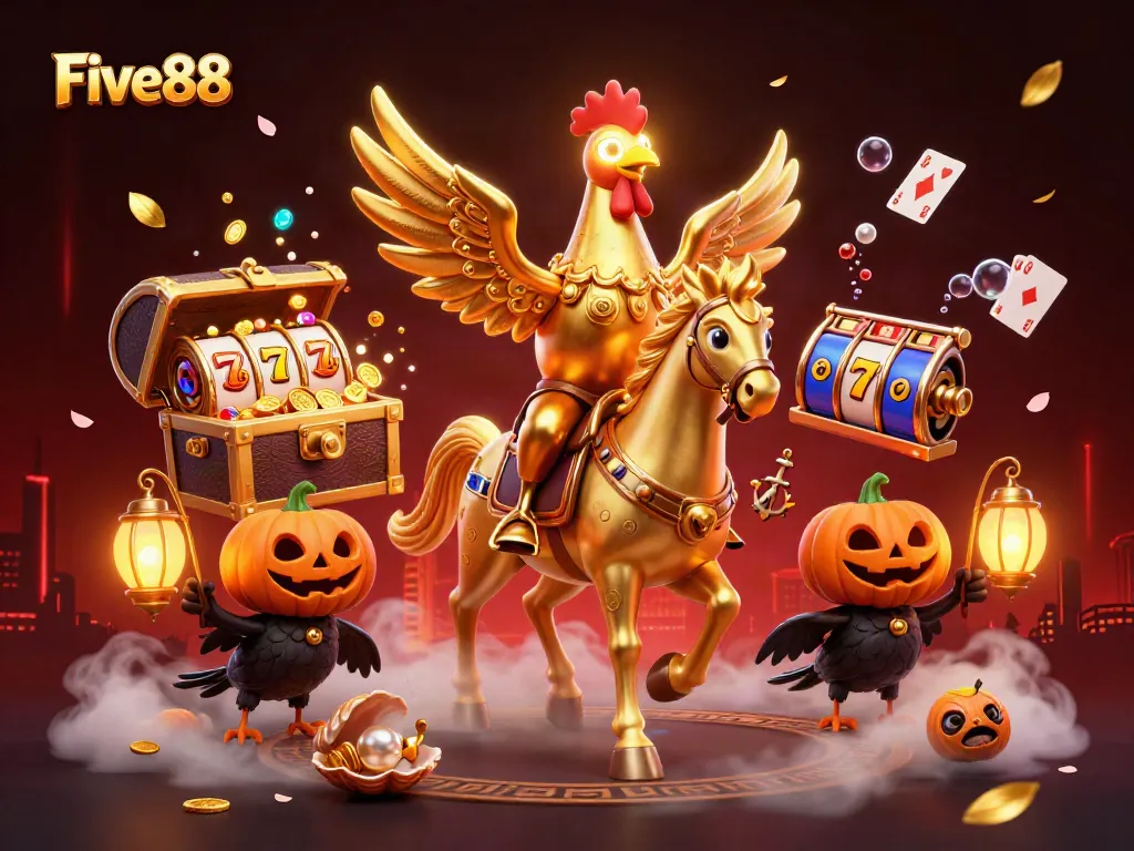 Experience Five88's casino magic with a golden rooster riding through dynamic 3D gaming excitement.