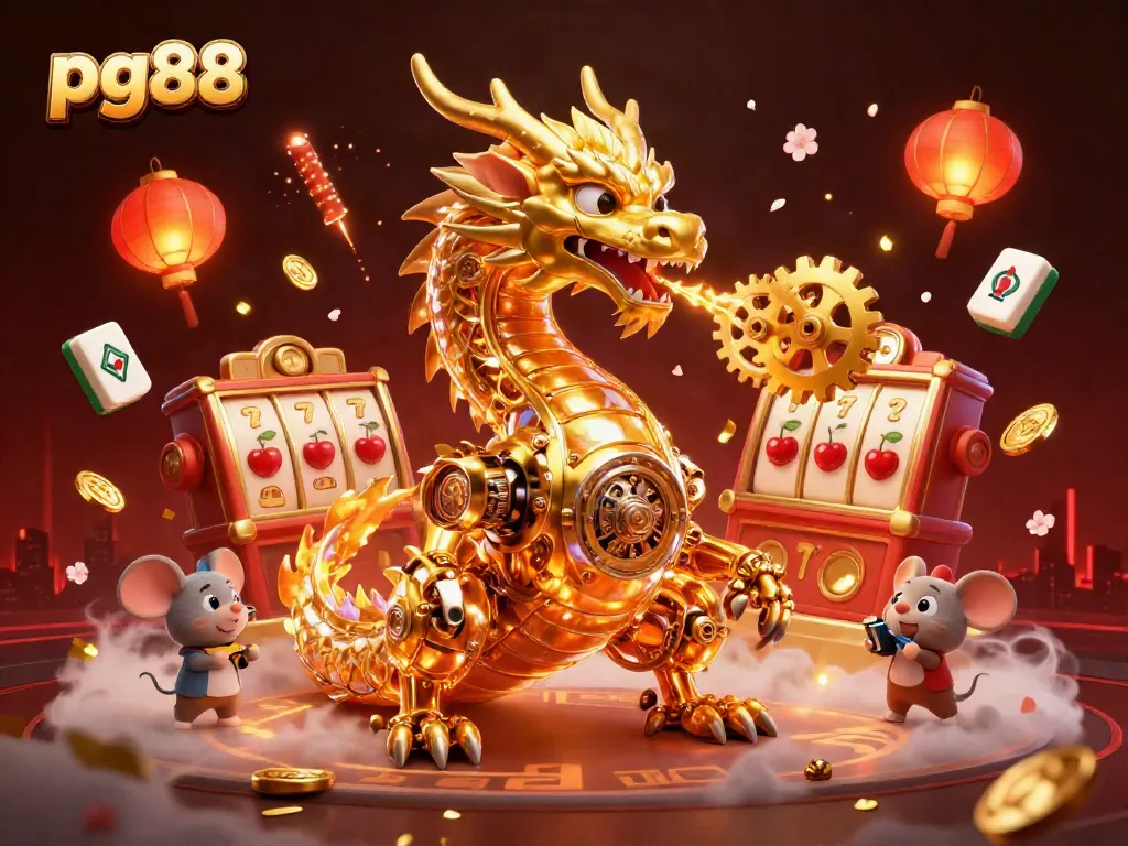 Experience pg88 with vibrant slots, golden dragon, and captivating casino elements in a rich 3D illustration.
