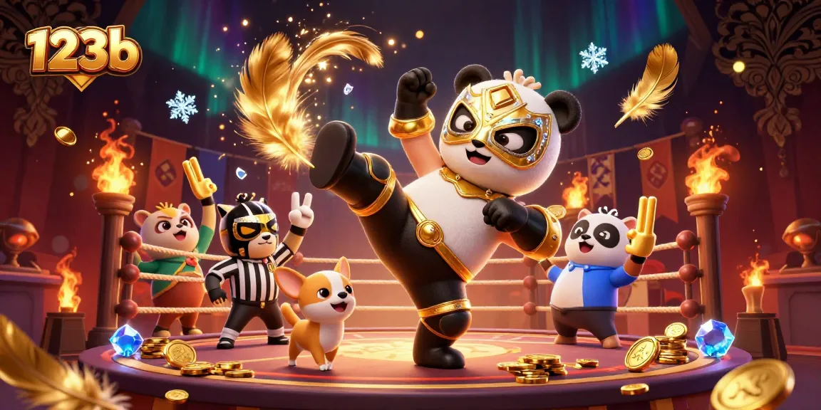 Experience thrilling 123b casino action with a lively panda wrestler and referee in a vibrant arena.