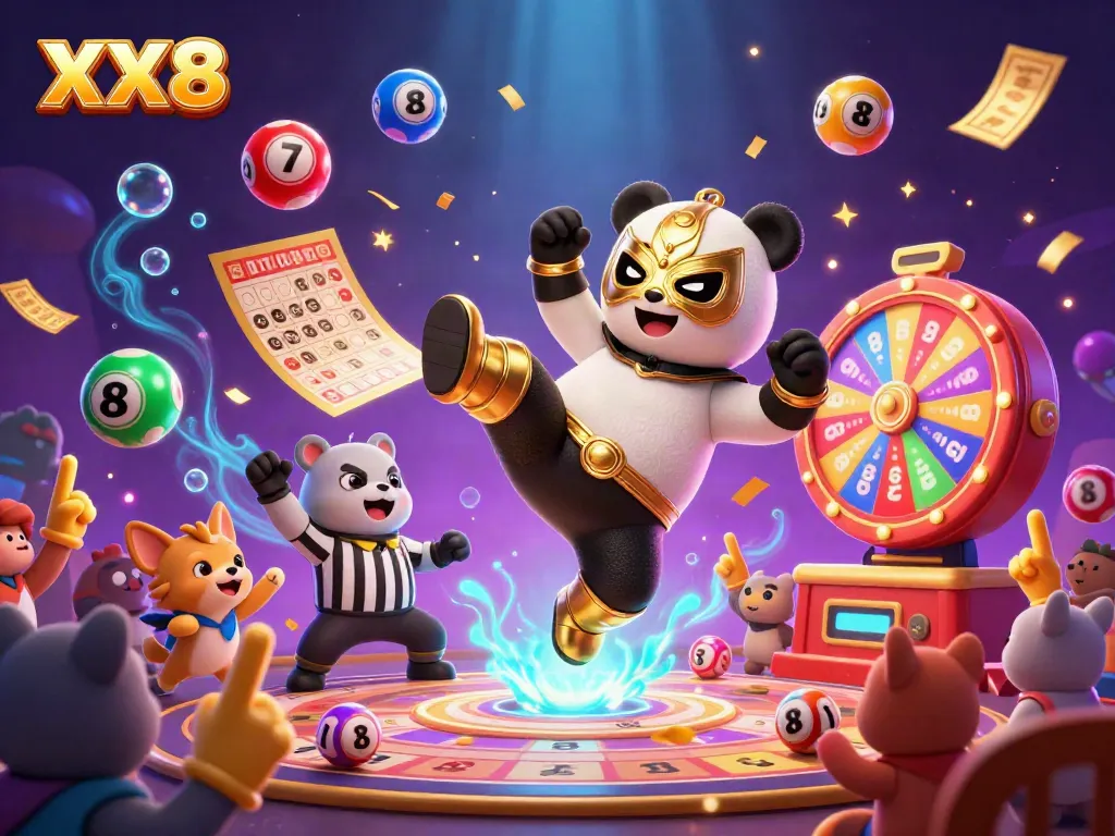 Experience the excitement of XX 8 with a flying panda wrestler and vibrant casino elements.