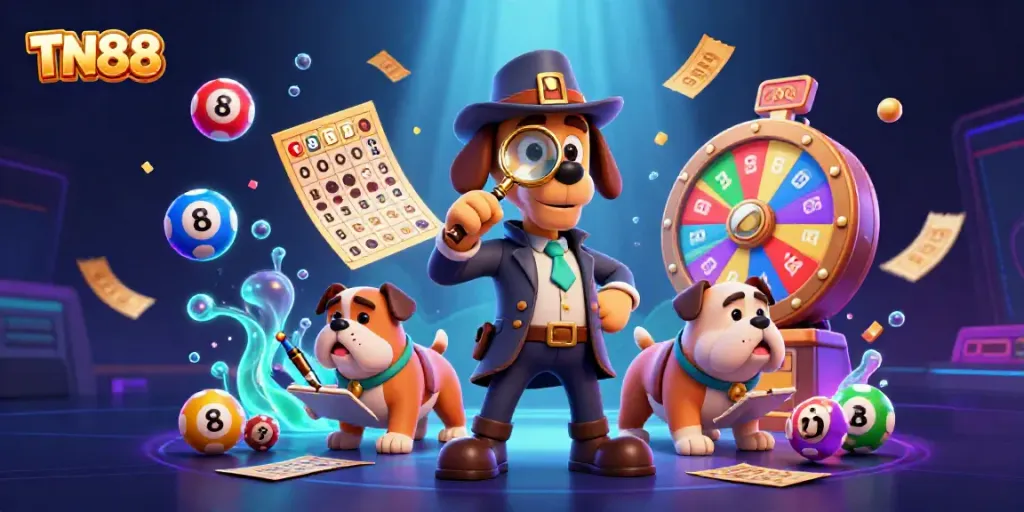 Engage with TN88's vibrant casino world filled with exciting games and clues in this detailed 3D illustration.