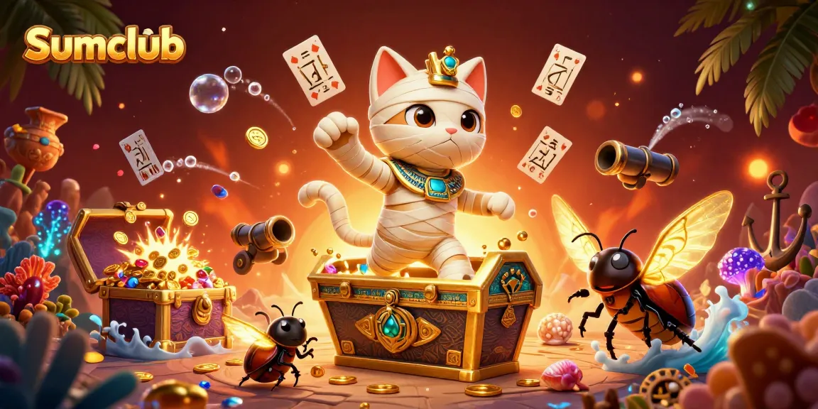 Experience the thrill at Sumclub with a dynamic scene of gaming excitement featuring a unique Egyptian mummy cat.