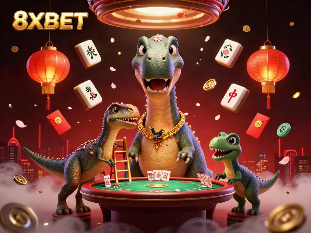 Experience the vibrant casino atmosphere with 8XBET, featuring a playful brontosaurus and dynamic gaming elements.